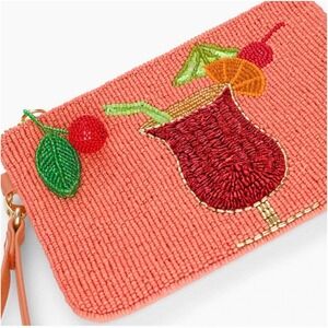 Beaded Mai Tai Clutch By Chicos Zip Top Wrislet in Coral